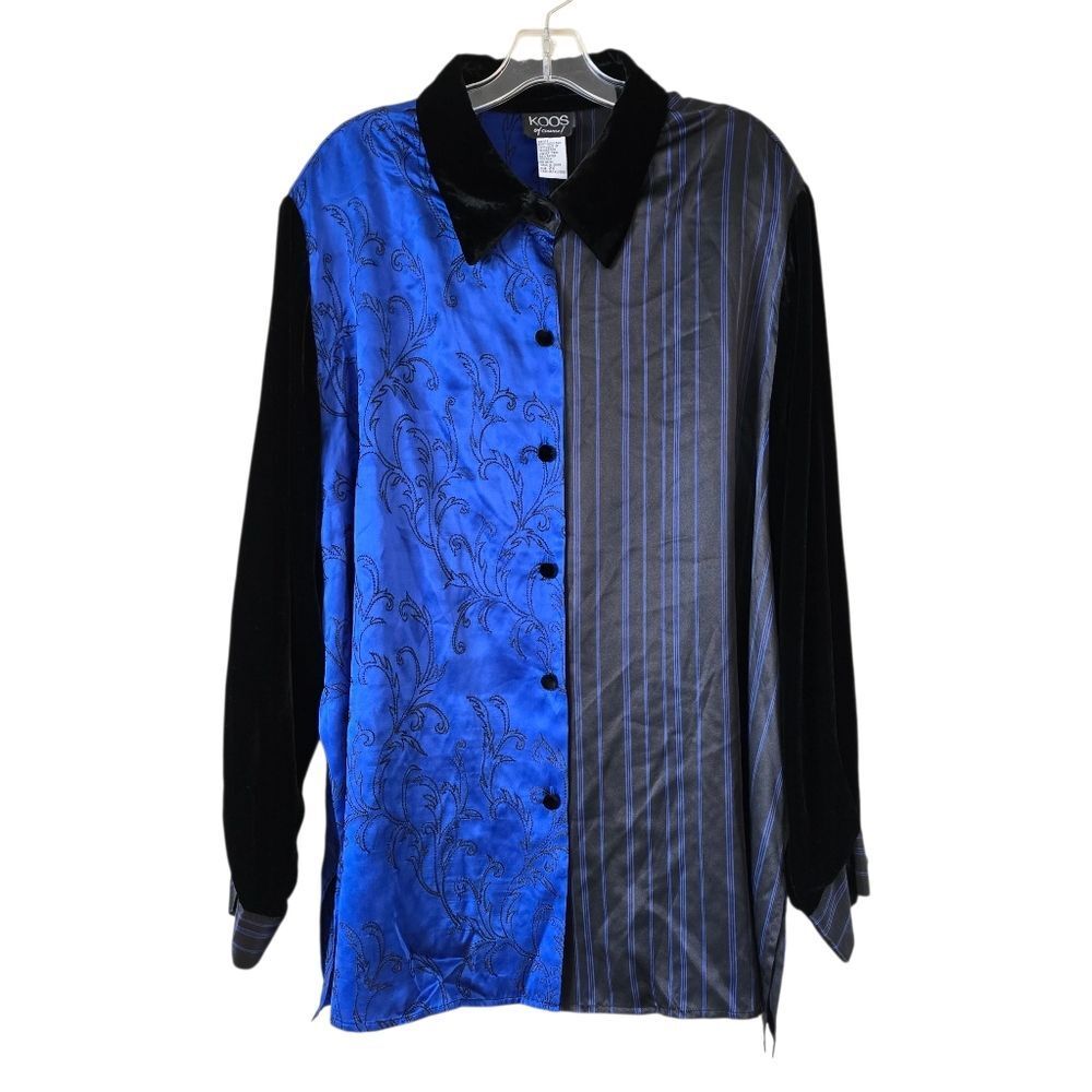 KOOS Of Course Blue and Black Patterned Button-Up Shirt Size 2X 100% Silk‎